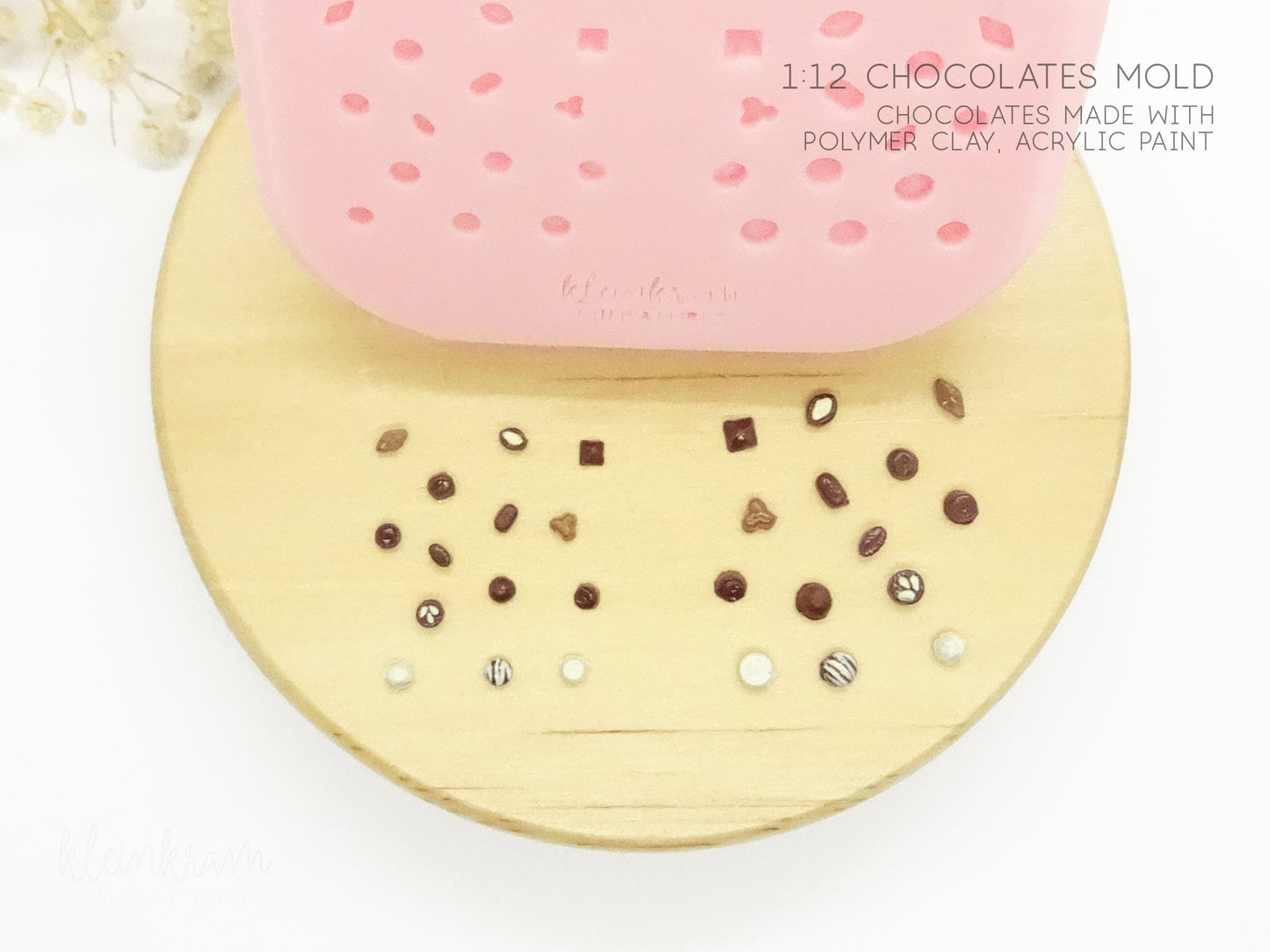 Silicone Mould for Miniature chocolates in 1:12 scale with finished dollhouse chocolates