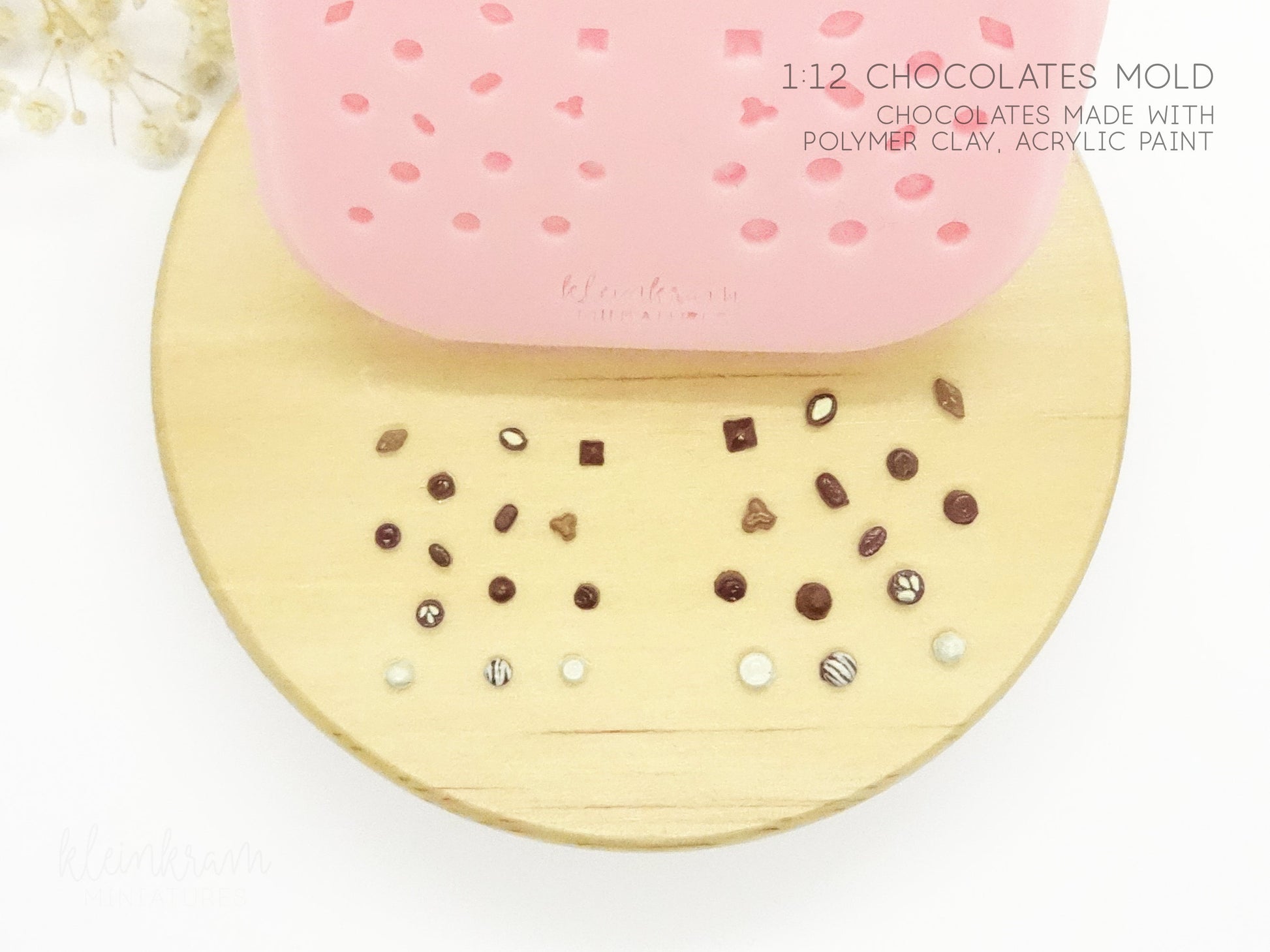 Silicone Mould for Miniature chocolates in 1:12 scale with finished dollhouse chocolates