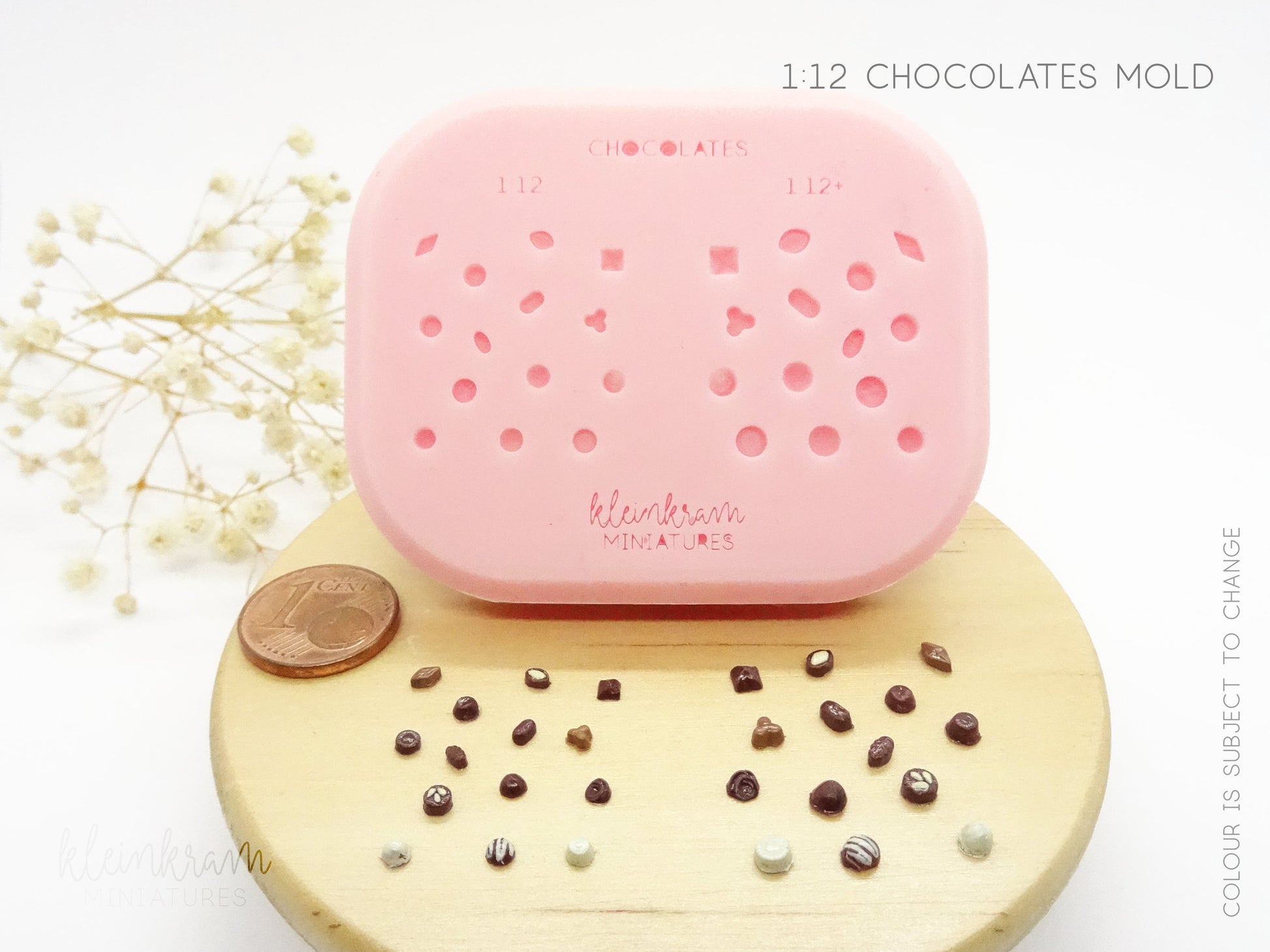 Silicone Mould for Miniature chocolates in 1:12 scale with finished dollhouse chocolates, 1 cent for size comparison