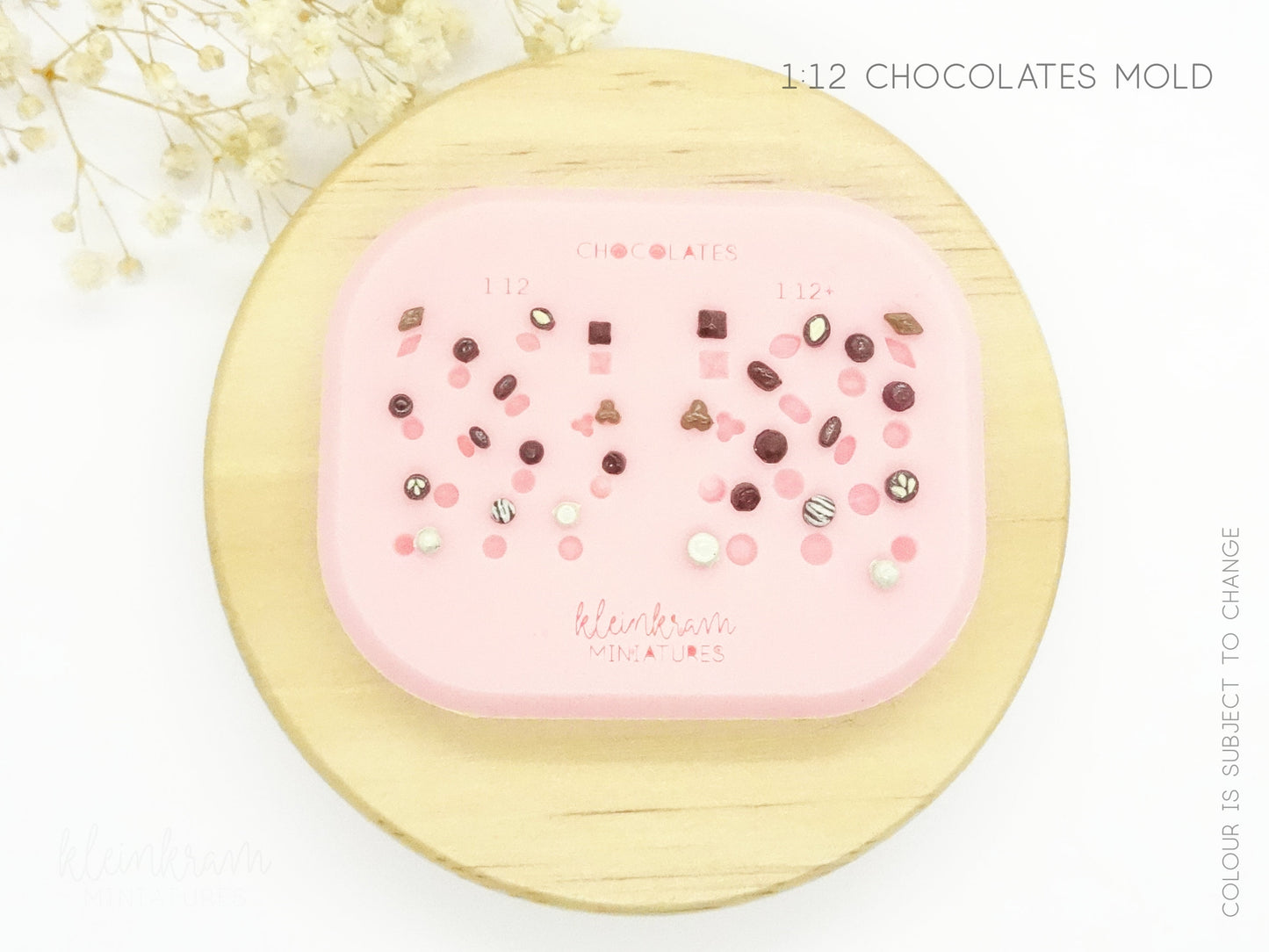 Silicone Mould for Miniature chocolates in 1:12 scale with finished dollhouse chocolates