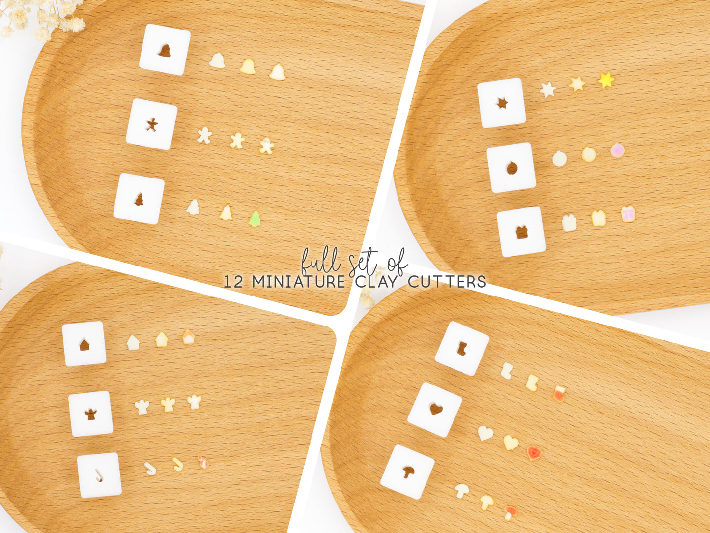 Collage of four images each displaying a set of three small square 1:12 scale clay cutters displayed next to the clay shapes they produce.